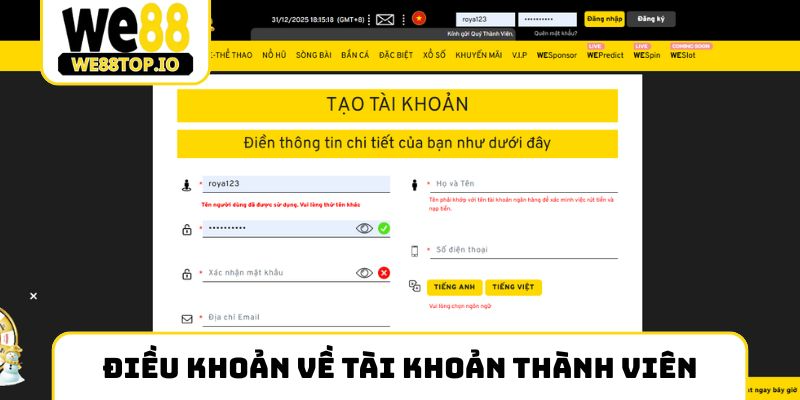 Điều khoản điều kiện về tài khoản thành viên